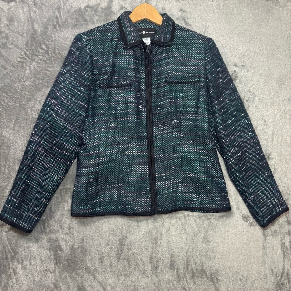 Sag Harbor Zip Up Blazer Womens 8  Black Multi Career Preppy Old Money Retro